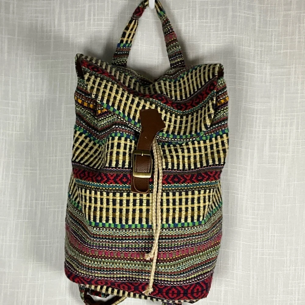 Boho Woven Backpack Multicolor Patterned - Drawstring